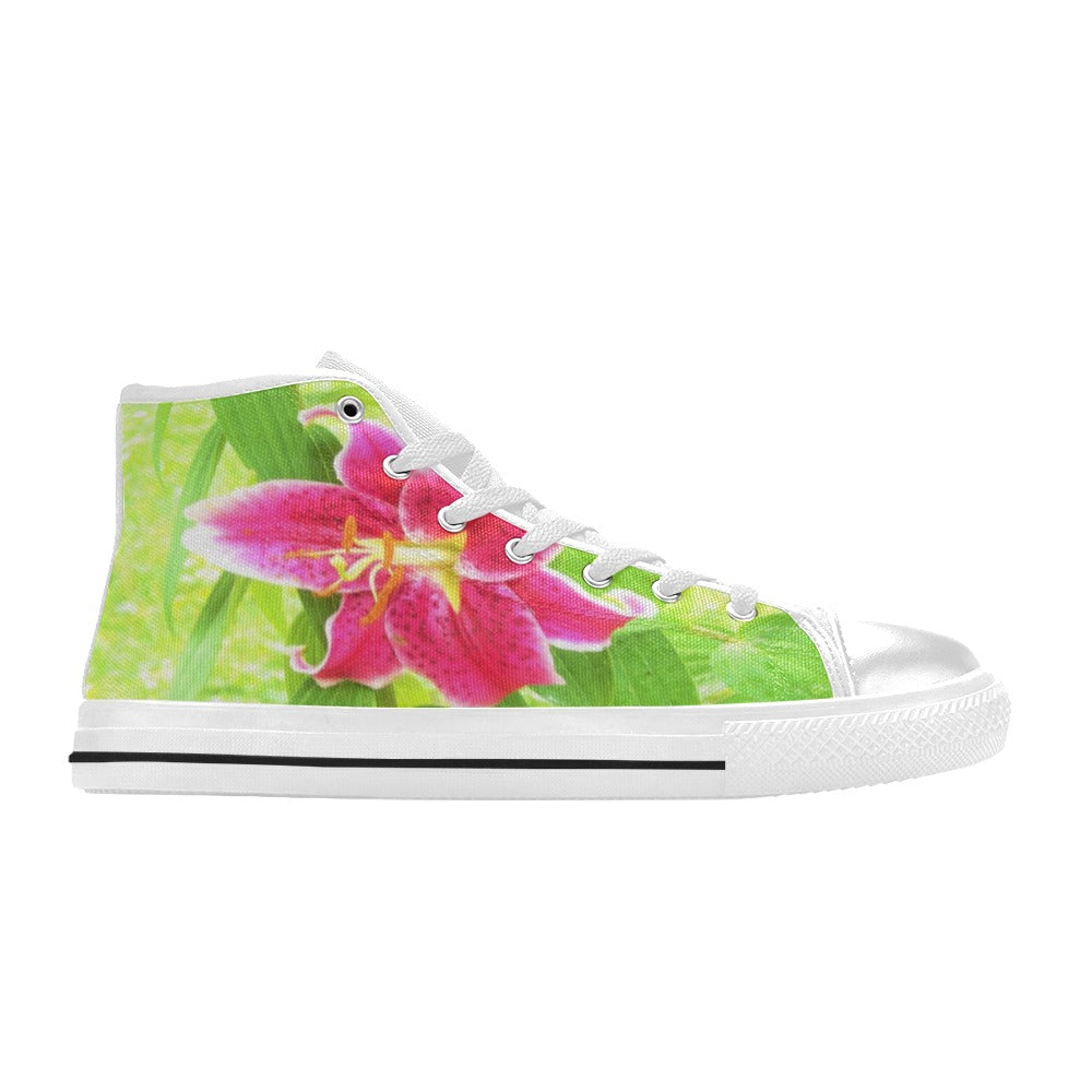 High Top Sneakers for Women, Pretty Deep Pink Stargazer Lily on Lime Green - White