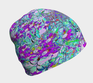 Beanie Hat, Aqua Garden with Violet Blue and Hot Pink Flowers