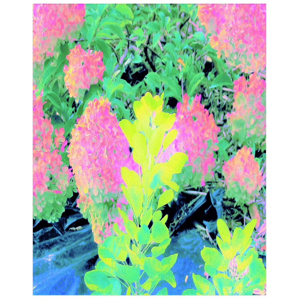Floral Posters, Pink Hydrangea Garden with Yellow Foliage - Vertical