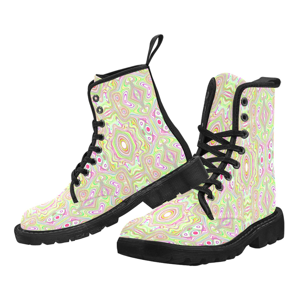 Boots for Women, Trippy Retro Pink and Lime Green Abstract Pattern - Black