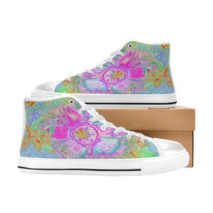 High Top Sneakers for Women, Psychedelic Hot Pink and Ultra-Violet Hibiscus - White