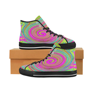 Colorful High Top Sneakers for Women, Groovy Abstract Pink and Turquoise Swirl with Flowers, Black
