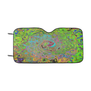 Auto Sun Shade, Groovy Abstract Retro Lime Green and Blue Swirl