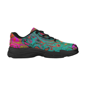 Running Shoes for Women, Trippy Turquoise Abstract Retro Liquid Swirl
