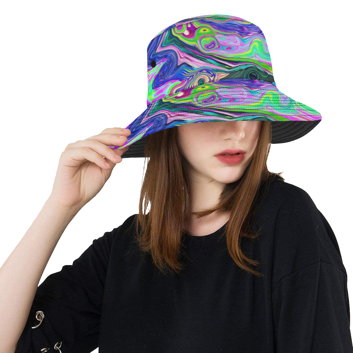 Bucket Hat, Groovy Abstract Aqua and Navy Lava Swirl, Colorful Hat for Women