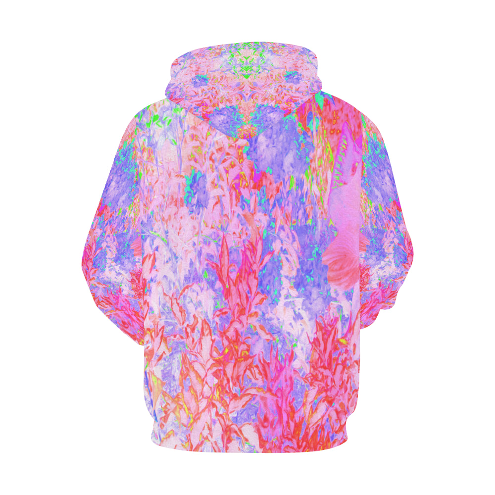 Hoodies for Men, Pastel Pink and Red with a Blue Hydrangea Landscape