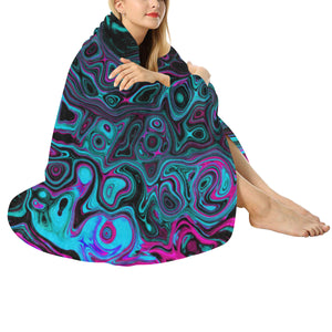 Round Throw Blankets, Retro Aqua Magenta and Black Abstract Swirl