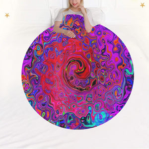 Round Throw Blankets, Trippy Red and Purple Abstract Retro Liquid Swirl