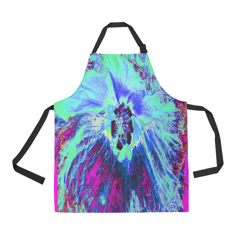 Apron with Pockets, Psychedelic Retro Green and Blue Hibiscus Flower
