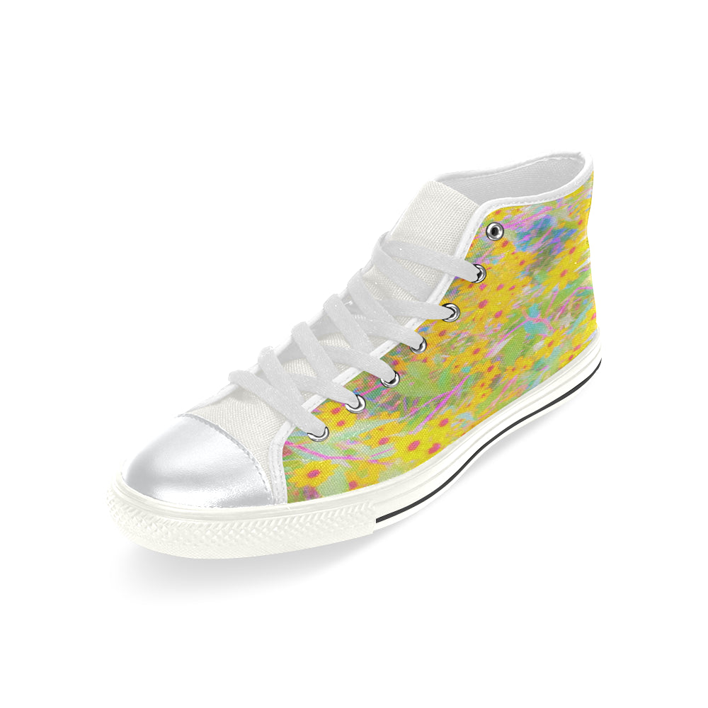Kids High Top Sneakers, Pretty Yellow and Red Flowers with Turquoise