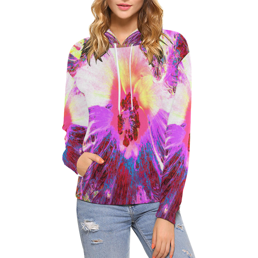 Hoodies for Women, Psychedelic Trippy Rainbow Colors Hibiscus Flower