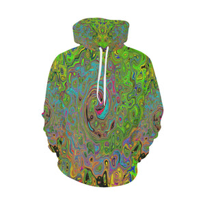 Hoodies for Women, Groovy Abstract Retro Lime Green and Blue Swirl