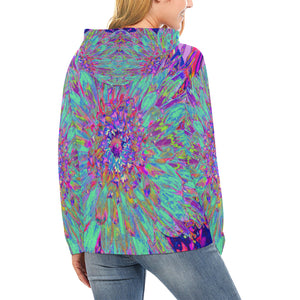 Hoodies for Women, Aquamarine Rainbow Color Abstract Dahlia Flower