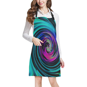 Apron with Pockets, Dramatic Black and Turquoise Abstract Retro Twirl