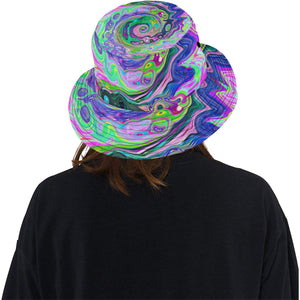 Bucket Hat, Groovy Abstract Aqua and Navy Lava Swirl, Colorful Hat for Women