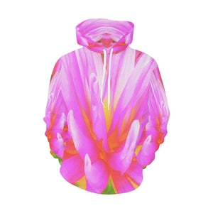 Hoodies for Women, Fiery Hot Pink and Yellow Cactus Dahlia Flower