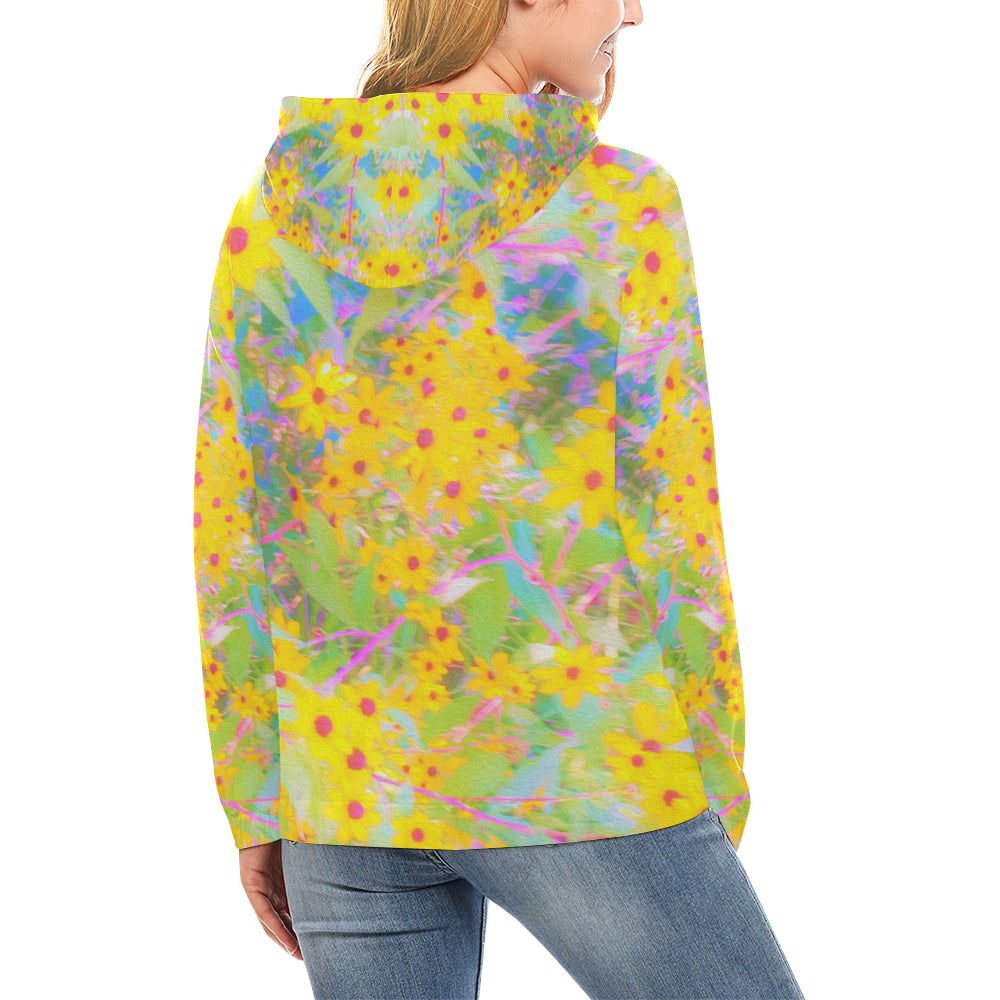 Hoodies for Women, Pretty Yellow and Red Flowers with Turquoise