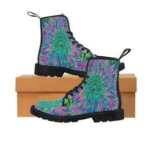 Colorful Boots for Women, Psychedelic Magenta, Aqua and Lime Green Dahlia - Black