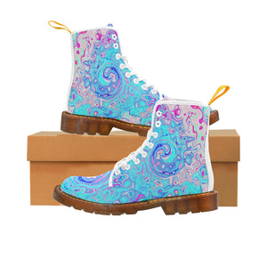 Colorful Boots for Women, Groovy Abstract Retro Robin's Egg Blue Liquid Swirl - White