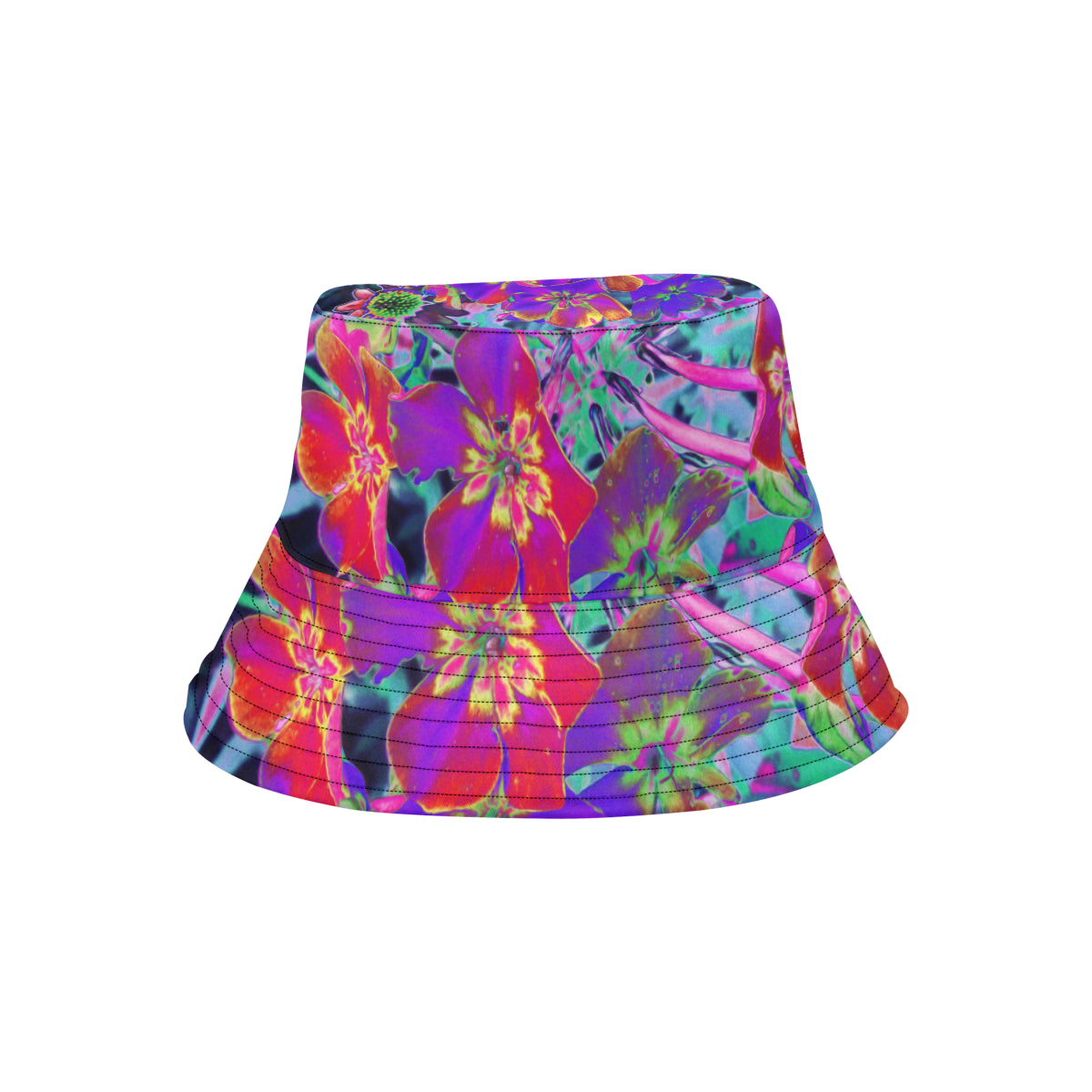 Bucket Hats, Dramatic Psychedelic Colorful Red and Purple Flowers