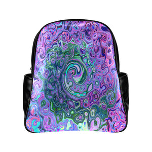 Backpack - Faux Leather, Groovy Abstract Retro Green and Purple Swirl