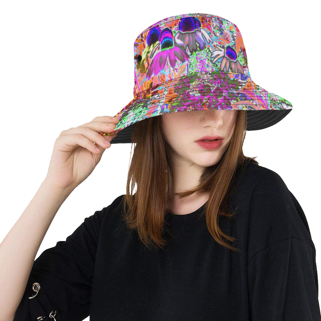 Bucket Hats, Psychedelic Hot Pink and Lime Green Garden Flowers