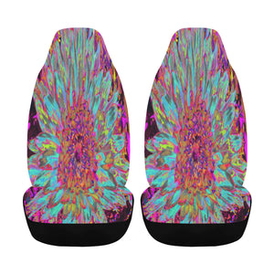 Car Seat Covers, Psychedelic Teal Blue Abstract Decorative Dahlia