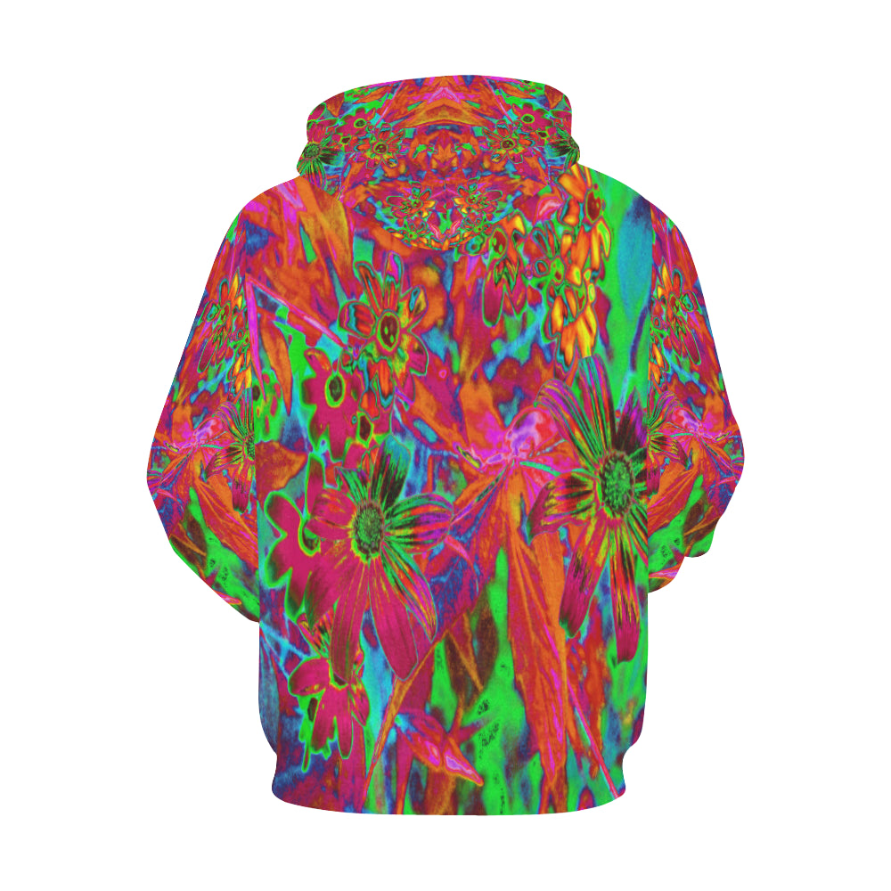 Hoodies for Women, Psychedelic Groovy Red and Green Wildflowers
