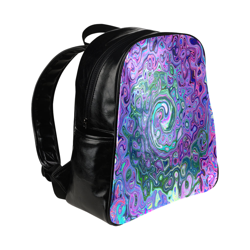 Backpack - Faux Leather, Groovy Abstract Retro Green and Purple Swirl