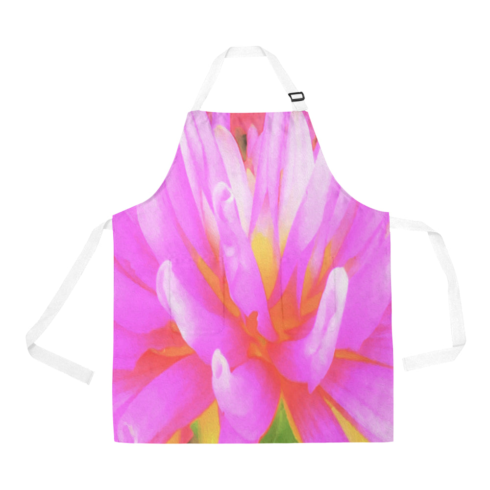 Apron with Pockets, Fiery Hot Pink and Yellow Cactus Dahlia Flower