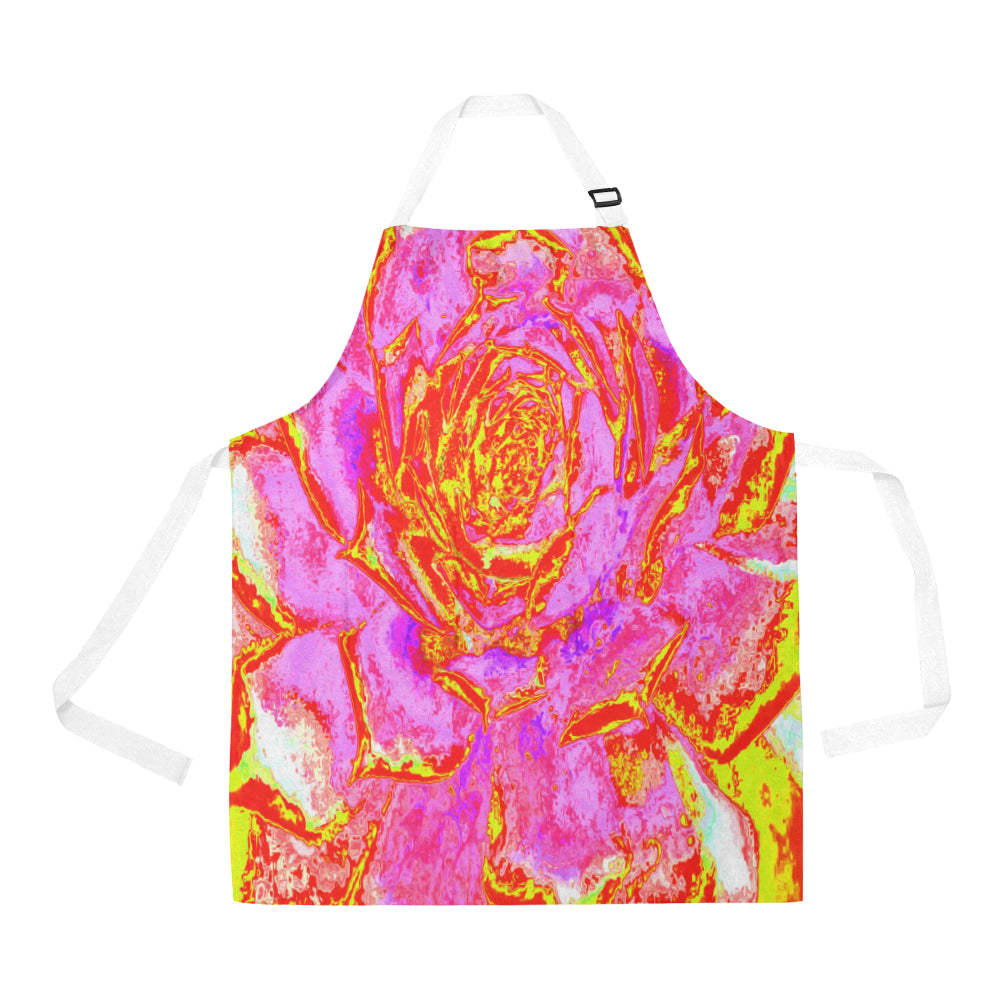 Apron with Pockets, Hot Pink, Red and Yellow Succulent Sedum Rosette