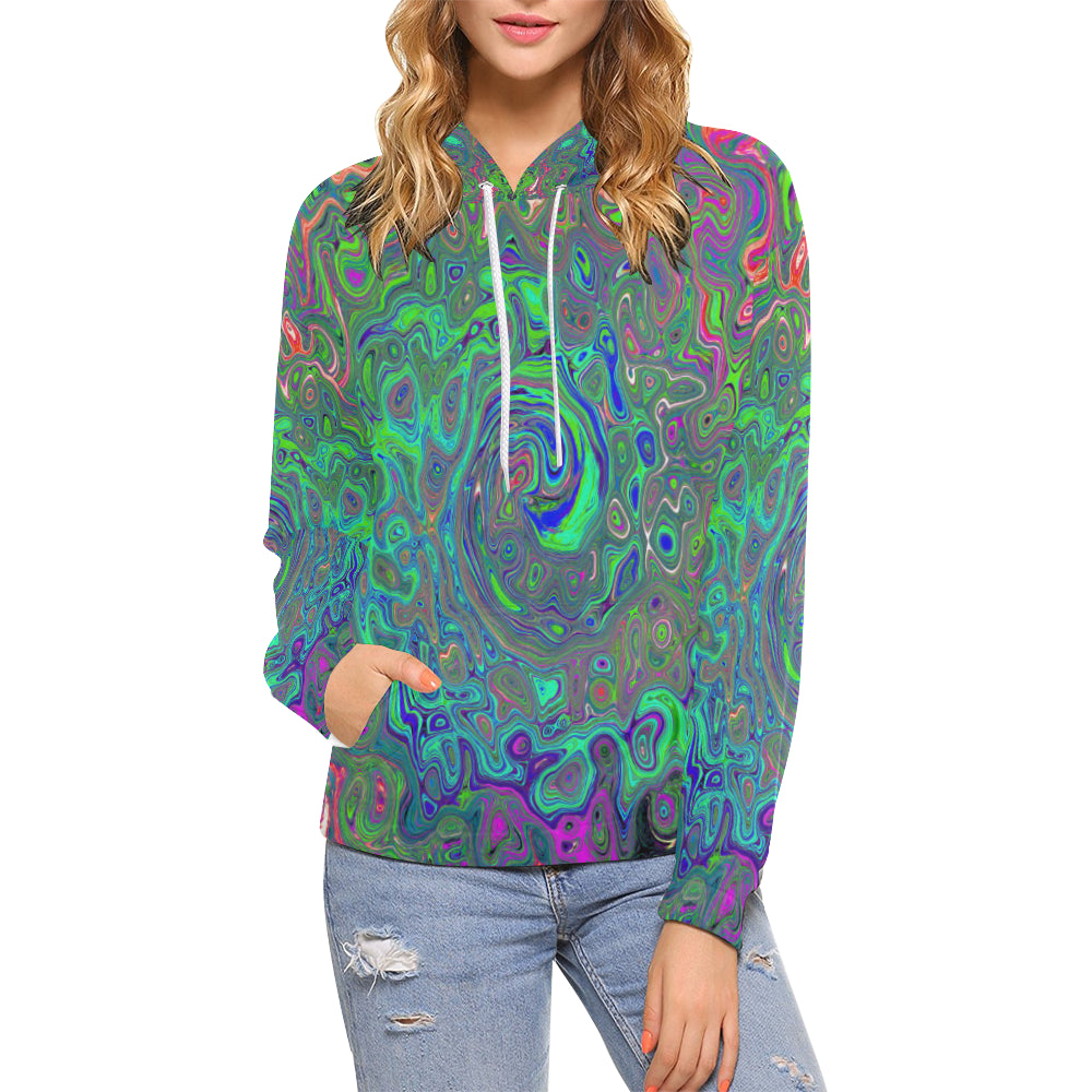 Hoodies for Women, Trippy Chartreuse and Blue Retro Liquid Swirl
