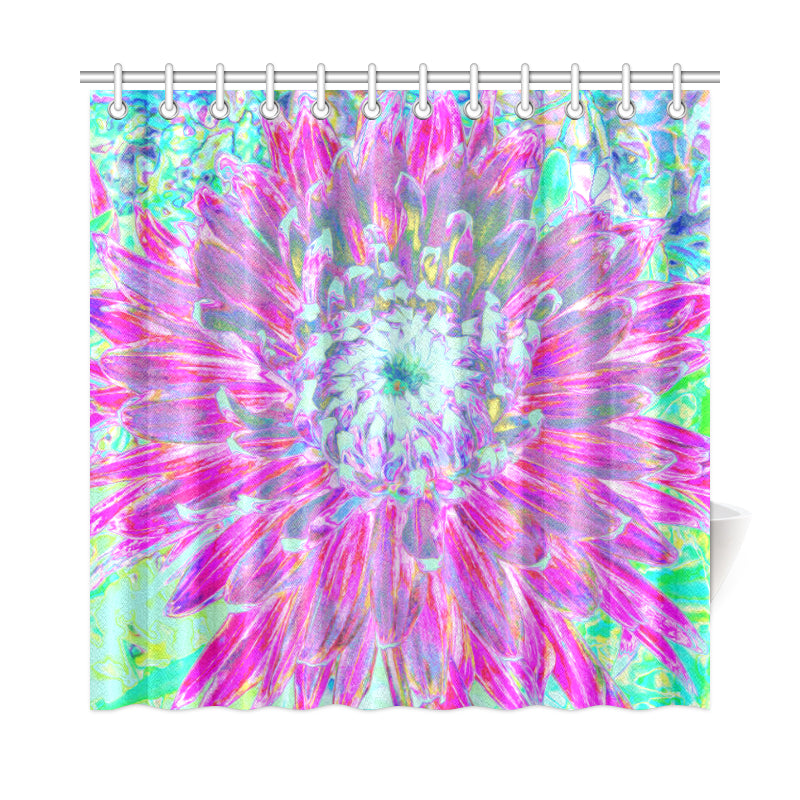 Shower Curtain, Magenta and Light Blue Decorative Dahlia Detail