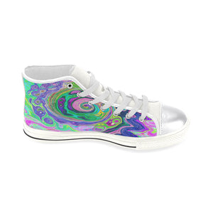 High Top Sneakers for Women, Groovy Abstract Aqua and Navy Lava Swirl - White