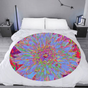 Round Fleece Blankets, Psychedelic Groovy Blue Abstract Dahlia Flower