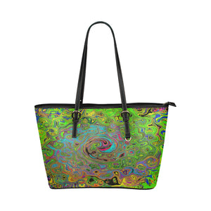 Black Vegan Tote Bags, Groovy Abstract Retro Lime Green and Blue Swirl - Large