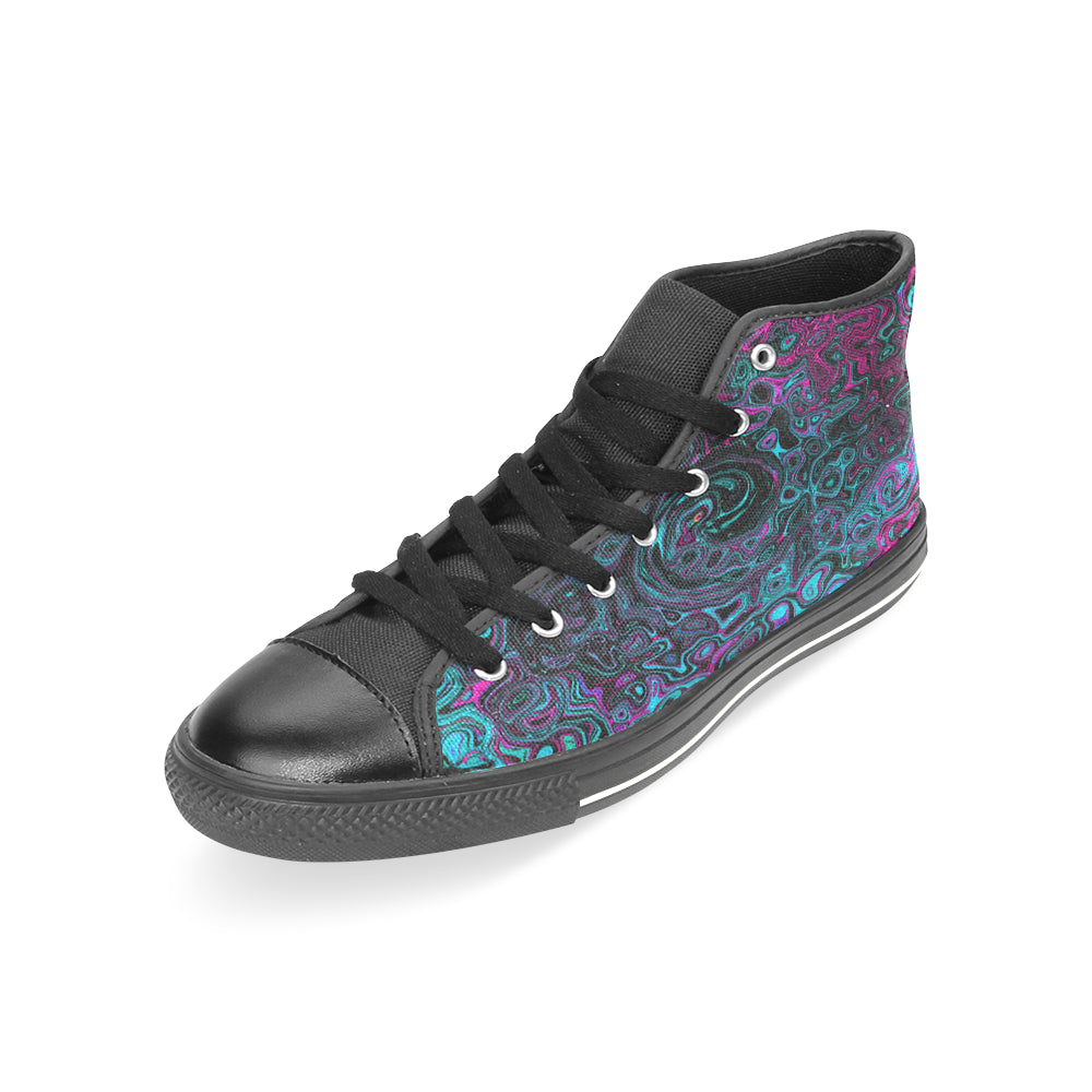 High Top Sneakers for Women, Retro Aqua Magenta and Black Abstract Swirl - Black