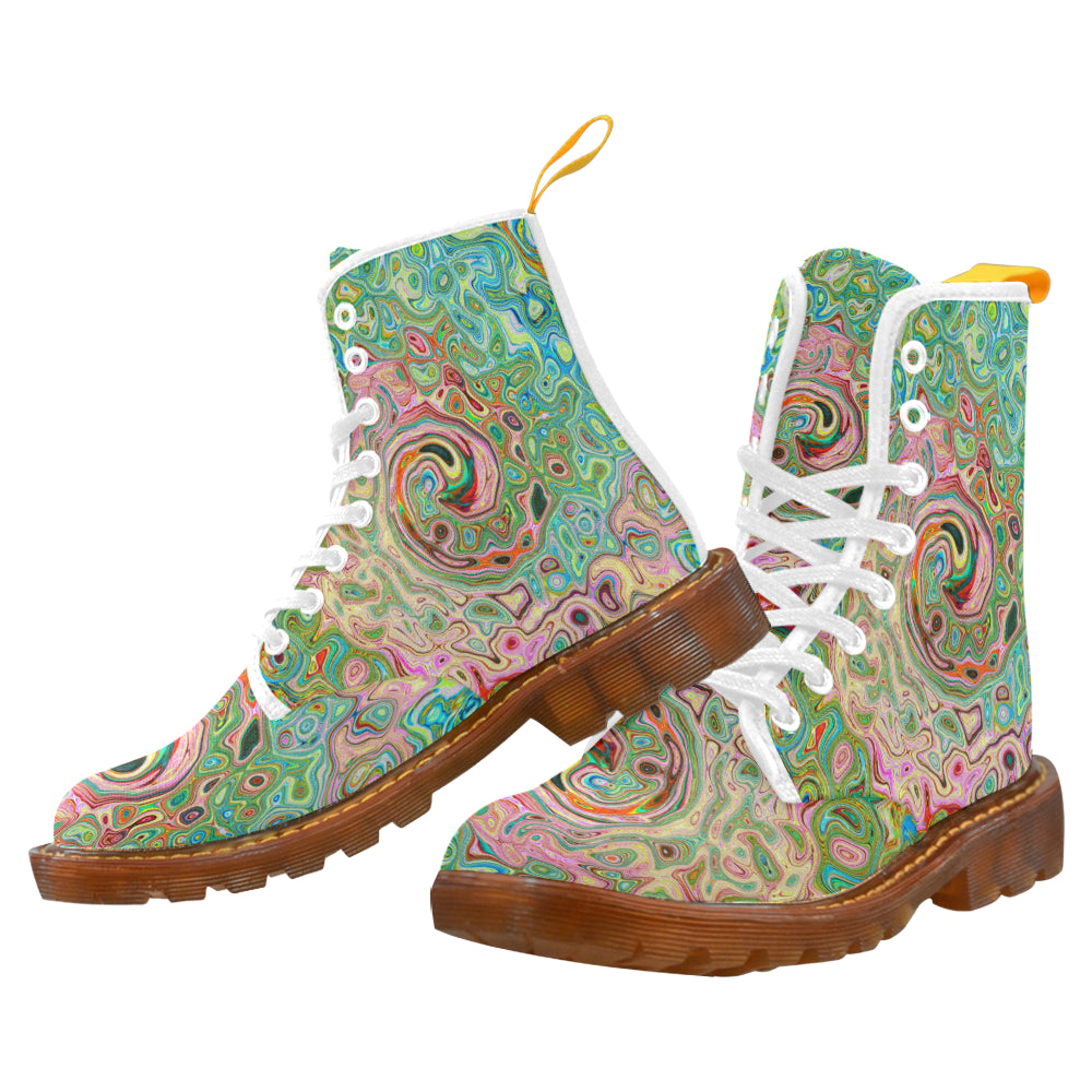 Colorful Boots for Women, Retro Groovy Abstract Colorful Rainbow Swirl, White