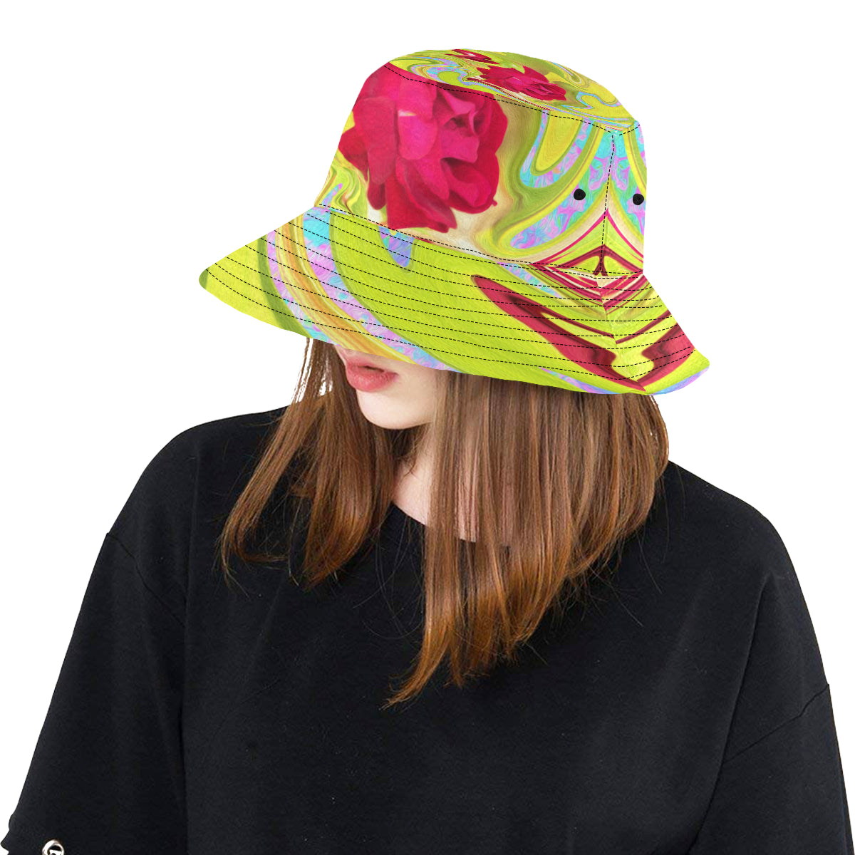 Bucket Hats, Painted Red Rose on Yellow and Blue Abstract