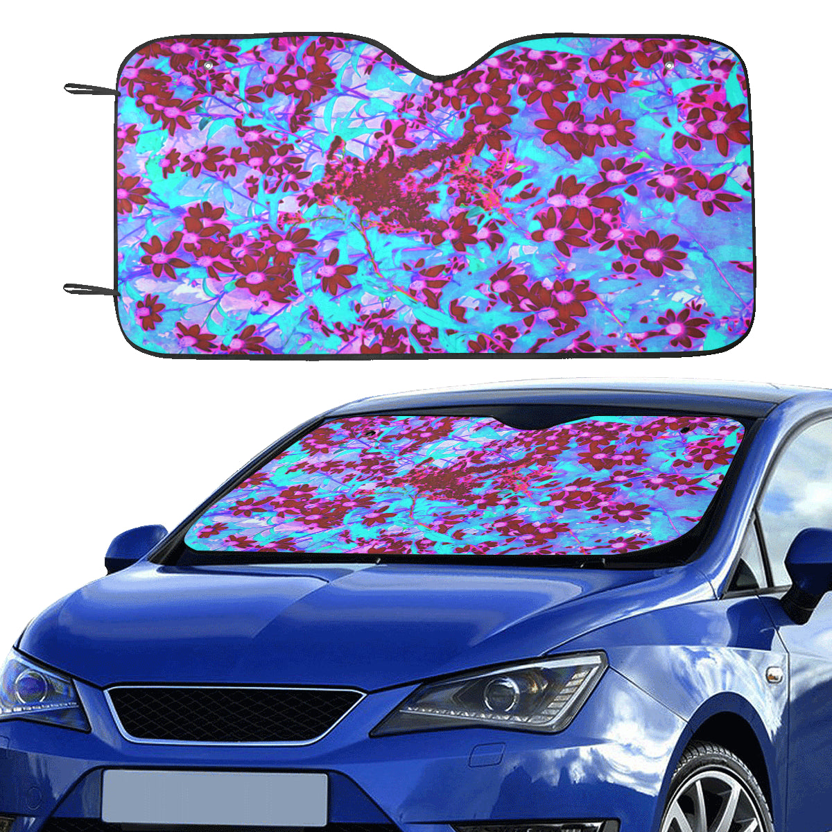 Auto Sun Shade, Crimson Red and Pink Wildflowers on Blue
