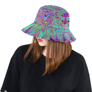 Bucket Hats, Aquamarine Rainbow Color Abstract Dahlia Flower