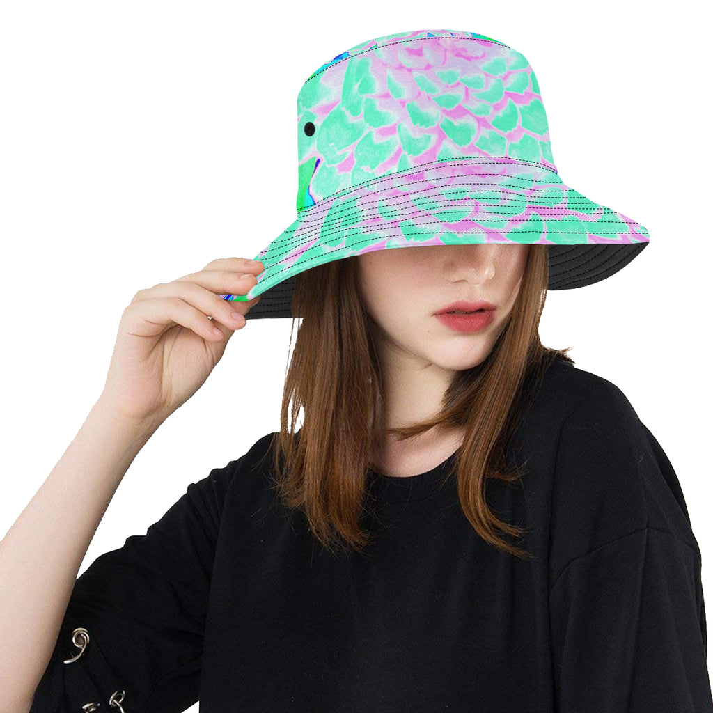 Bucket Hat, Pretty Aqua and Pink Zinnia in the Summer Garden, Colorful Hat for Women