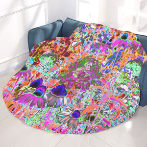 Round Fleece Blankets, Psychedelic Hot Pink and Lime Green Garden Flowers