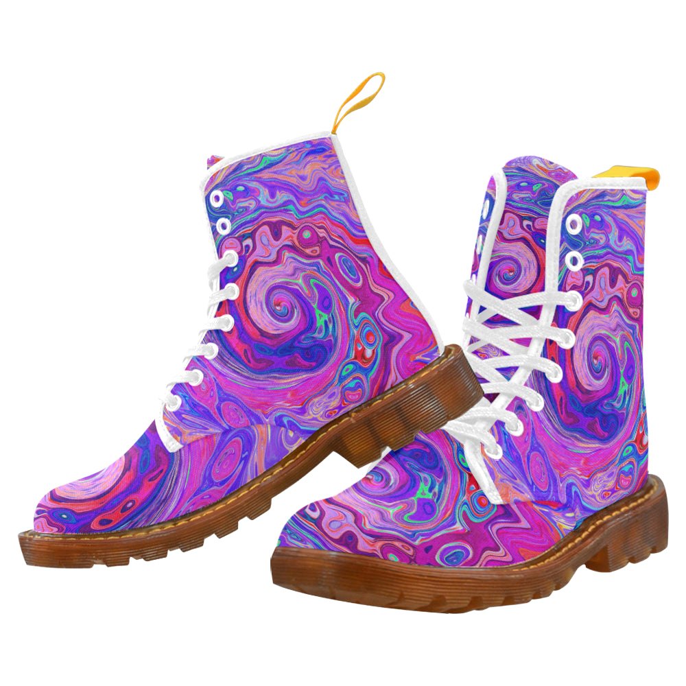 Colorful Boots for Women, Retro Purple and Orange Abstract Groovy Swirl, White