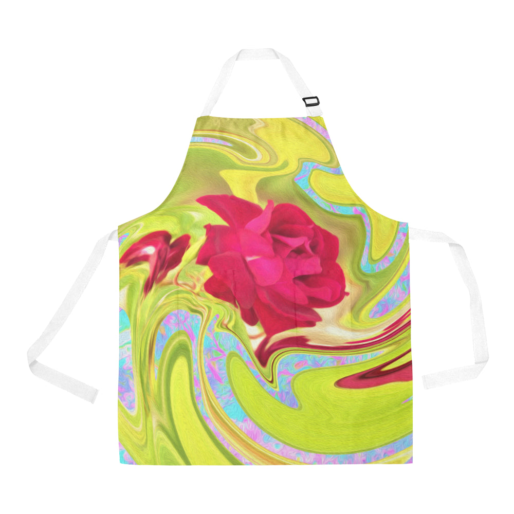Apron with Pockets, Painted Red Rose on Yellow and Blue Abstract