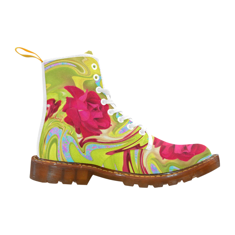 Boots for Women, Abstract Red Rose on Yellow and Aqua Swirl - White