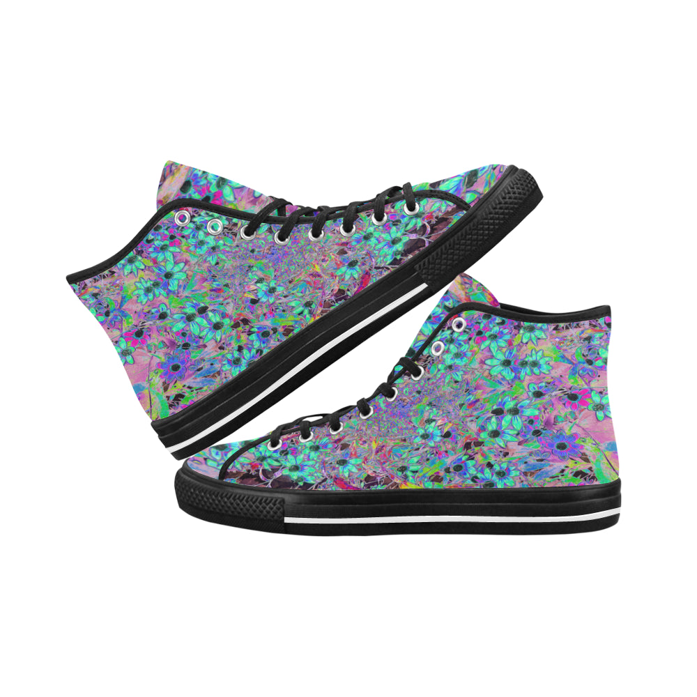 Colorful High Top Sneakers for Women, Purple Garden with Psychedelic Aquamarine Flowers, Black