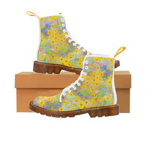 Colorful Boots for Women, Pretty Yellow and Red Flowers with Turquoise - White
