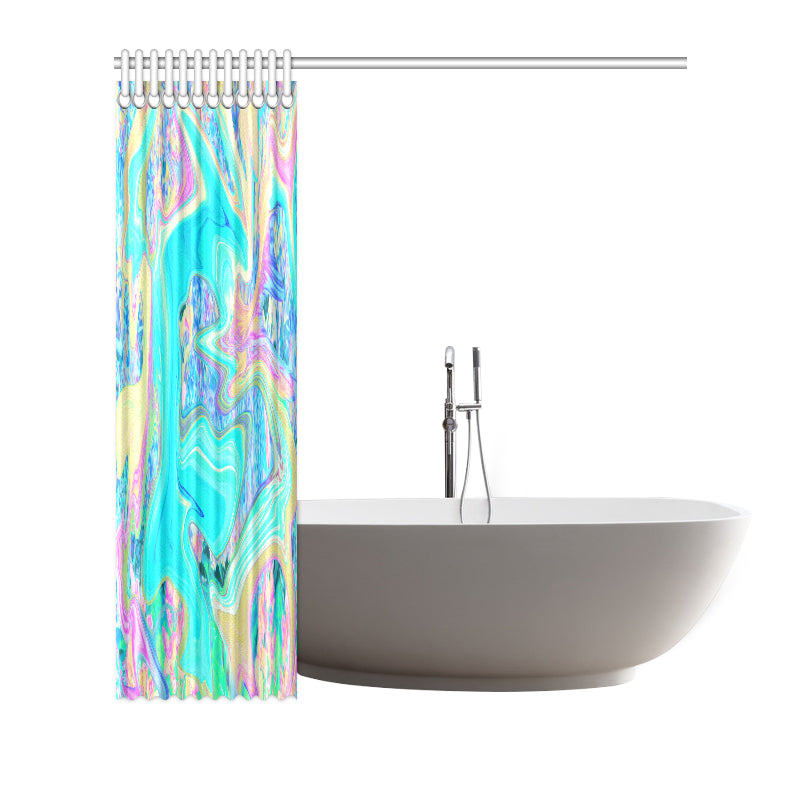 Shower Curtains, Retro Aqua Blue Liquid Art on Abstract Hydrangeas