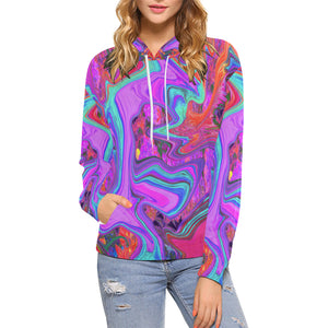 Hoodies for Women, Retro Purple, Blue and Orange Abstract Liquid Art